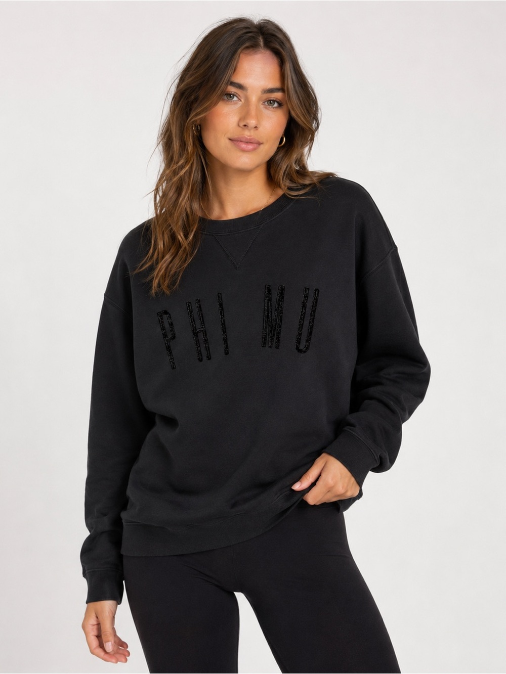 PHI MU Black Embroidered Crewneck Sweatshirt Pullover